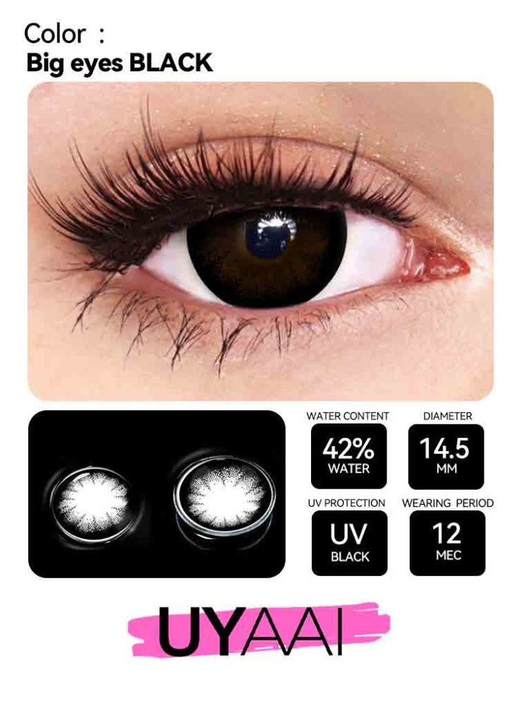 UYAAI Black Big Eyes Yearly Colored Contact Lenses, Unisex Cosmetic Contact Lenses, Natural Fashion Lenses, 42% Water - Image 2